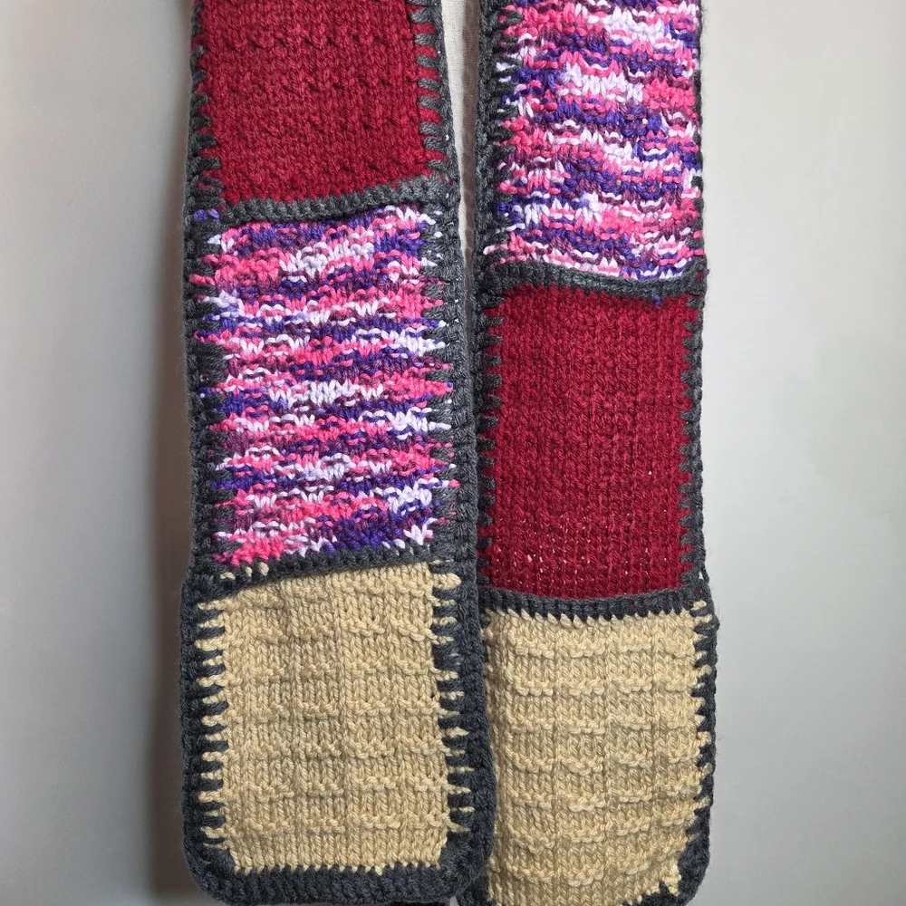 Handmade Crochet Patchwork Scarf Pink Red Cream Colorblock Boho